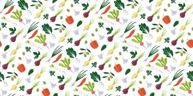 Soğan kakaolu, turp ve sarımsaklı kusursuz desen. Organik sebze deseni beyaza izole edilmiş. Yerel çiftçinin pazar ürünü geçmişi. Baharat sebzeleri elle çizilmiş düz vektör çizimi