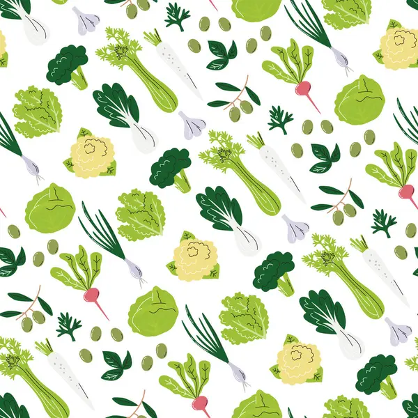 Kereviz ve karnabahar desensiz desen tasarımı. Brokoli ve beyaza izole edilmiş bir sürü sebze. Çapraz ambalaj kağıdı baskı tasarımı. Lahana aile eli düz vektör çizimi