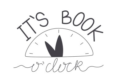 Beyazlara izole edilmiş sanat eserleri kitabı. Tırnak işareti baskı tasarımı. Karalama saati ile tipografi konsepti. Eğitim ve boş zaman yazıtları. Zaman el çizimi düz vektör çizimi okunuyor