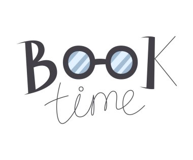 Kitap gevşetici el yazması harfler izole edilmiş. Gözlüklü tipografi tasarımı. Eğitim ve bilgi kısa bir tabir. Hobi ve boş elle çizilmiş düz vektör çizimi okuma