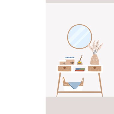 Minimalist bir yüzyılın ortasında eve giriş. Sol tarafında kopya alanı olan sosyal medya postası tasarımı. Banner yerleşim yerinin şablonu. Ev içi el çizimi düz vektör çizimi