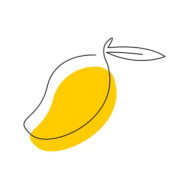 Mango kavramsal logo tasarımı ve sürekli ana hatlar çizimi. Soyut renk benekli tek çizgi halinde ilaç meyvesi. Egzotik tatlı vitamin. Yenebilir taş meyveli el düz vektör çizimi