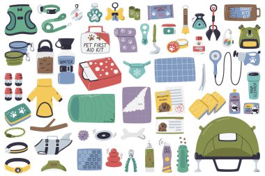 Kamp yapmak ve köpekle yürüyüşe çıkmak için evcil hayvan malzemeleri hazır. Hayvan seyahat ekipmanları tasarım element koleksiyonu izole edildi. Şirin, taşınabilir aksesuarlar, malzemeler ve akıllı aletler. El çizimi düz vektör çizimi