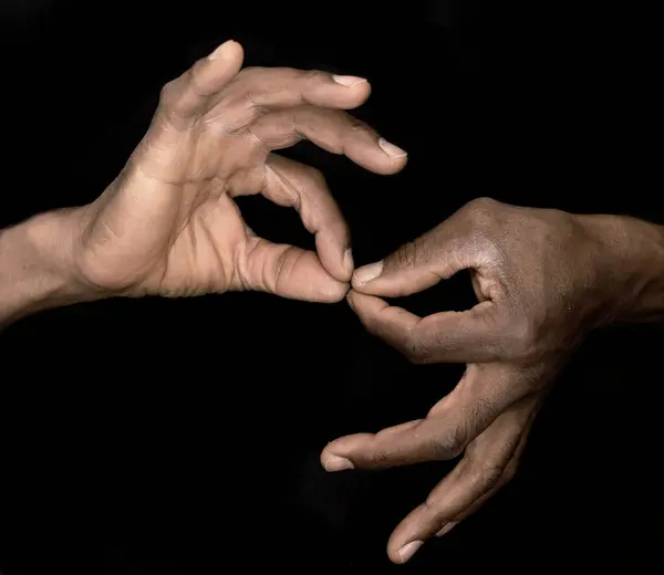 sign language with hand gestures  speaking body language with people on black background stock image stock photo