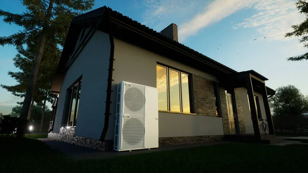 Gün batımında ev için sıcak hava pompası teknolojisi. Ayrılma tipinin çevirici sistemi