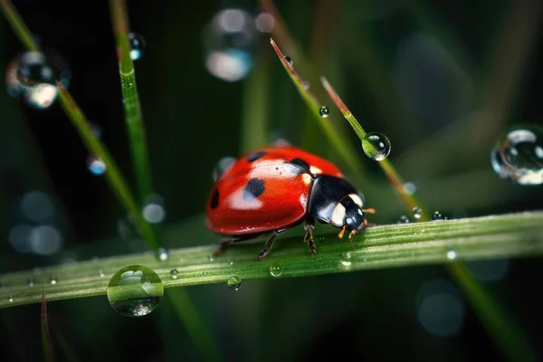 Ladybug Μια Λεπίδα Του Χόρτου Καλοκαίρι — Φωτογραφία Αρχείου