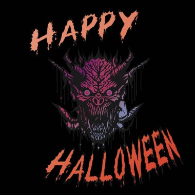 Cadılar Bayramınız kutlu olsun. İblis kafatasıyla elle çizilmiş vektör çizimi.