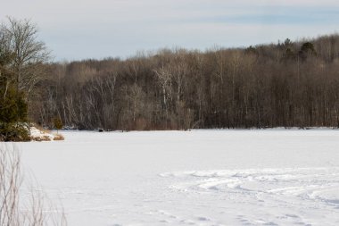 Kar ve donmuş gölle kaplı kış manzarası. kış gölü.