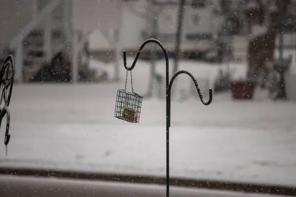 Kar yağışı sırasında içinde karla süet bulunan kuş besleyicisinin dikey görüntüsü.