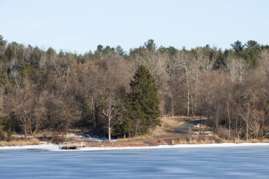 Kışın göl, ağaçlar ve kar