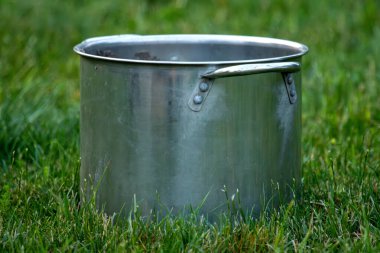 Bahçedeki yeşil çimlerin üzerinde paslanmaz çelik kap, ilkbahar konsepti.