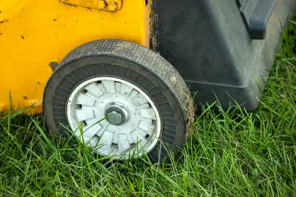 yeşil çim biçme makinesi çim biçme makinesiyle çim biçiyor..