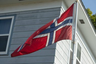 Norveç bayrağı ve arkasında Norveç bayrağı olan kırmızı ev