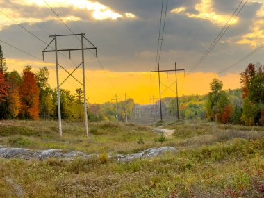 Sonbaharda enerji hattı koridorunda gün batımı