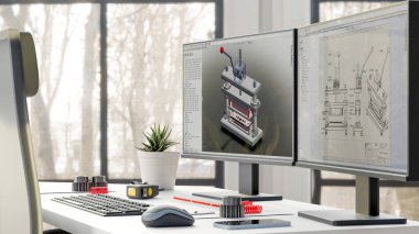 Makine mühendisi tasarımcısının 3 boyutlu masaüstü bilgisayarı. 3D görüntüleme: Akıllı faktör 3D illüstrasyon için İşbirlikçi Robot ile tasarım otomasyon sistemi sırasında makine mühendisinin masaüstü görüntüsü