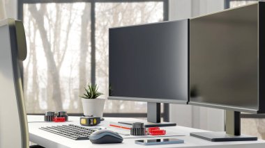 Makine mühendisi tasarımcısının 3 boyutlu masaüstü bilgisayarı. 3D görüntüleme: Akıllı faktör 3D illüstrasyon için İşbirlikçi Robot ile tasarım otomasyon sistemi sırasında makine mühendisinin masaüstü görüntüsü