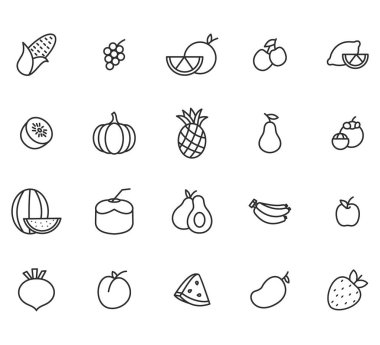 Meyvelerle İlgili Basit Vektör Çizgisi Simgeleri. İçinde çilek, portakal, karpuz ve daha fazlası var. Düzenlenebilir Vuruş.