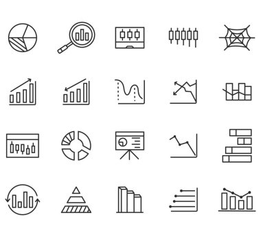 Basit ana hatlı bilgi elemanları seti simgeleri. Basit çizgi sanat simgeleri paketi. Vektör illüstrasyonu