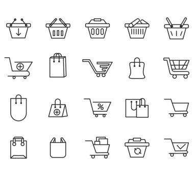 Alışveriş & E-ticaret hattı simgeleri ayarlanıyor. Alışverişe. Çevrimiçi alışveriş çizgisi simgeleri. E-ticaret sembolleri koleksiyonu. Düzenlenebilir vuruş simgeleri. Vektör
