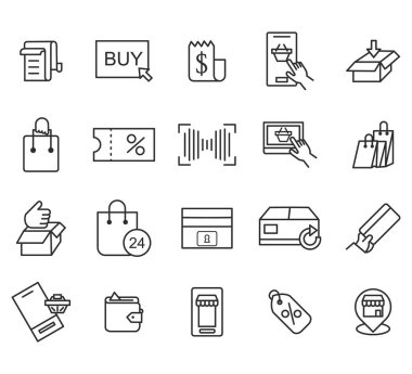 Alışveriş & E-ticaret hattı simgeleri ayarlanıyor. Alışverişe. Çevrimiçi alışveriş çizgisi simgeleri. E-ticaret sembolleri koleksiyonu. Düzenlenebilir vuruş simgeleri. Vektör