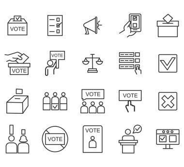 Oylama ve Seçim Simgeleri Belirlendi. Form, Çevrimiçi Oy Verme, Tartışma, Aday Derecelendirme, Oy Sayımı ve diğerleri gibi doğrusal basit web simgelerinin toplanması. Düzenlenebilir vektör vuruşu.