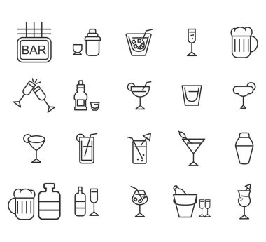 Alkol ve kokteyl ikonu seti. Bardaklar, içkiler, bira, bar, şampanya, viski, şarap gibi doğrusal basit web simgelerinin toplanması. Düzenlenebilir vektör vuruşu.