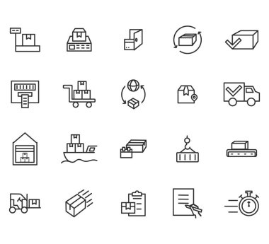 Teslimat çizgisi simgeleri ayarlandı. Kargo ikonu koleksiyonu. Vektör
