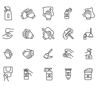  Temizleme simgesi seti. Hijyen, dezenfeksiyon, temizlik, yıkama gibi doğrusal basit ağ simgelerinin toplanması. Düzenlenebilir vektör vuruşu.