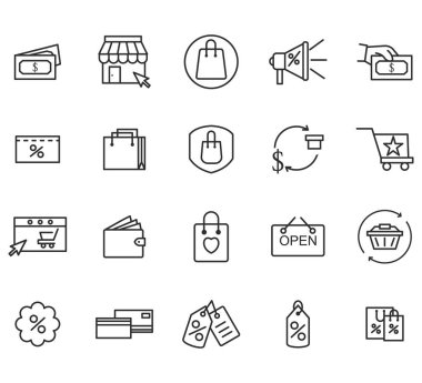 Alışveriş kuyruğu simgeleri. Hediye kutusu, hediye kuponu ve indirim tabelası. Alışveriş arabası, sürpriz hediye ve teslimat sembolleri. Konuşma balonu, indirim kuponu, kredi kartı. Çevrimiçi satış. Vektör