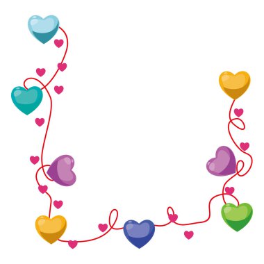 Kırmızı, pembe ve beyaz kalpler, şeffaf arka planda izole edilmiş altın konfetili. Vektör illüstrasyonu.