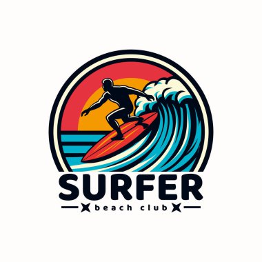 Dalgalar, kumsal ve palmiye karışımlı sörfçü logosu.,