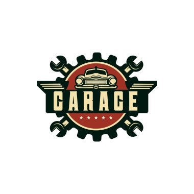 Retro araba tamiri tabelası ve retro tarzı bir kamyonet. Özel restorasyon dükkânı.