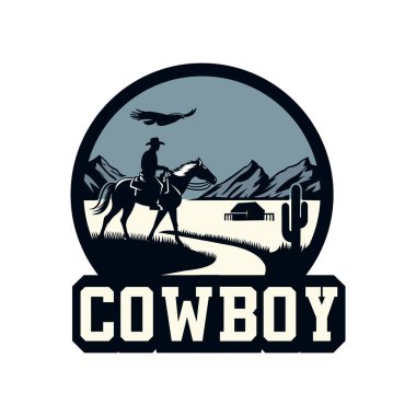 At sırtında bir kovboy rozeti tasarımı. Çöl manzarası, dağlar ve bir çiftlik..