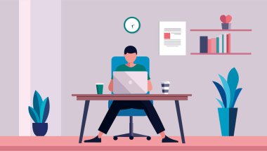 Minimalist bir çalışma alanında evden çalışan bir serbest çalışanın düz tasarım çizimi. Karakter bir masada dizüstü bilgisayarla oturuyor, kahve fincanı, defter ve ev bitkileri gibi üretkenlik elementleriyle çevrili. Parlak renkler ve temiz komposto