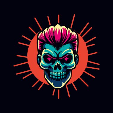 Neon renkli kafatası, kıvırcık saçlar, parlayan gözler, ve geçmişe dönük punk estetiği.