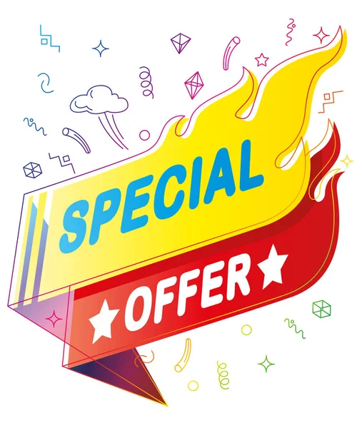 Special Offer Sale Banner Flaming Hot Background Colorful Doodle Design — Stock Vector