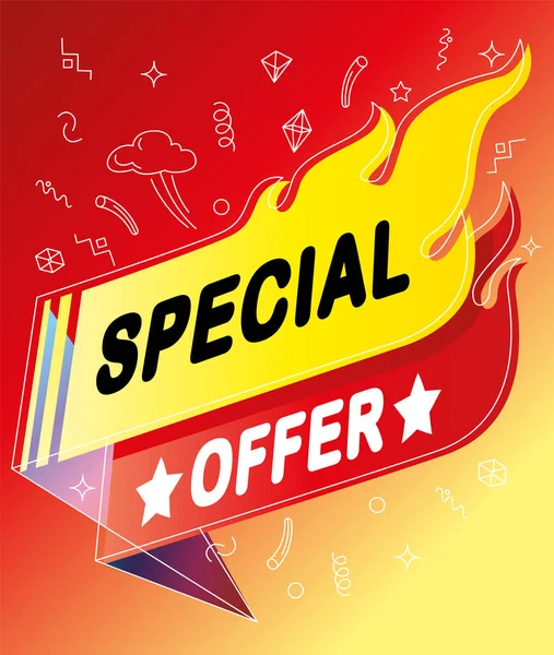 Special Offer Sale Banner Flaming Hot Background Doodle Design Colorful — Stock Vector