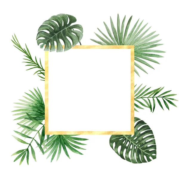 Green palm leaves golden frame. Tropical twigs, branches wreath. Jungle florals. Watercolor free-hand illustration for postcard, invitation, banner, event flyer, poster, presentation, menu, lifestyle