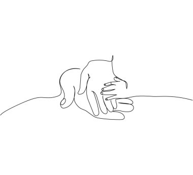 Baba, anne ve çocuk elleri, aile birliği bir çizgi sanat. Annelik, aile, sevgi, çocuk, anneler günü, tokalaşma, şefkat gibi sürekli çizgiler. El çizimi vektör illüstrasyonu