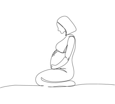 Hamile bir kadın oturmuş karnını okşuyor ve bir çizgi çiziyor. Hamilelik, annelik, doğum hazırlıkları, yoga, fitness, rahatlama. El çizimi vektör illüstrasyonu
