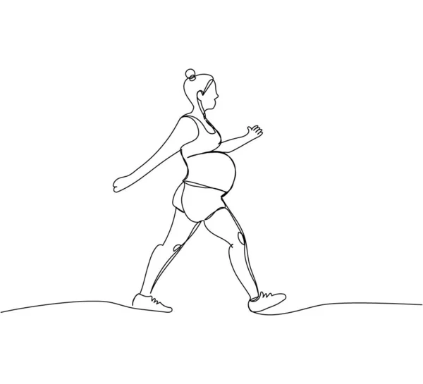 Těhotná Žena Dělá Sport Chůzi Jeden Řádek Umění Nepřetržitá Kresba — Stockový vektor
