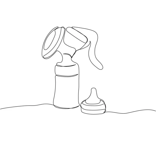 母乳泵与奶嘴单线艺术 连续抽奶 手绘矢量图解 — 图库矢量图片