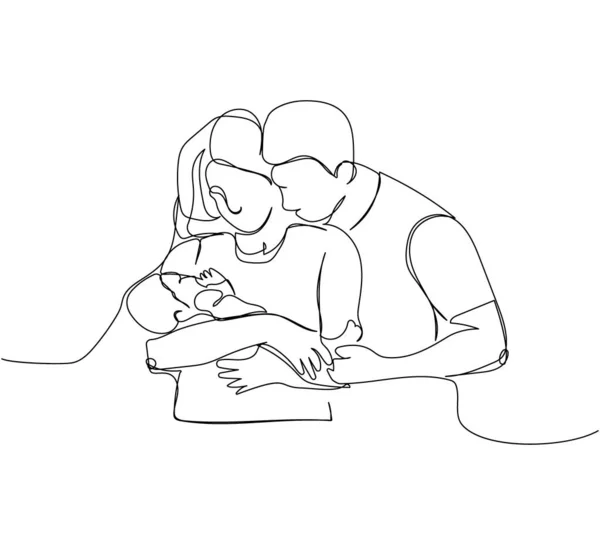 幸せな家族 妻と子供の1行の芸術 新生児 相互理解 夫婦の連続線画 手描きベクトルイラスト — ストックベクタ