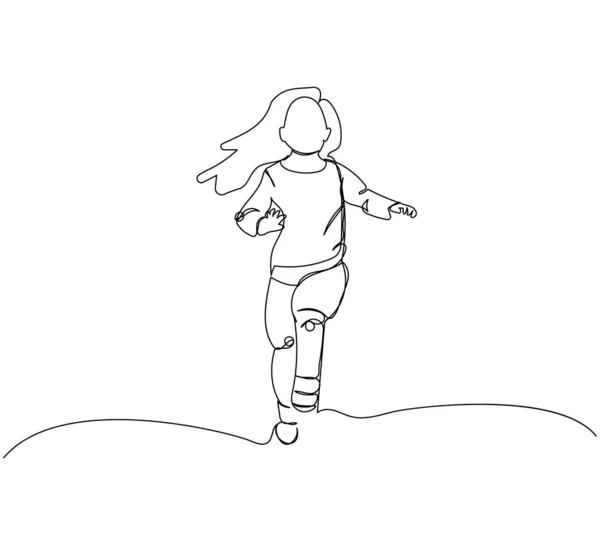 Mała Dziewczynka Biegnie Skacze Jednej Linii Sztuki Ciągły Rysunek Linii — Wektor stockowy