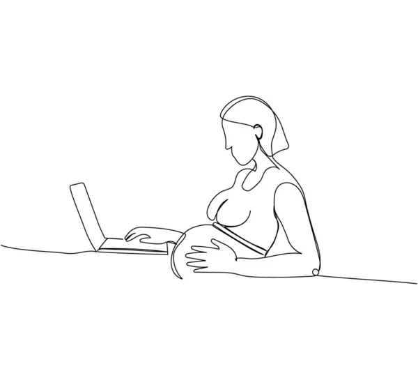 怀孕工作的一条线艺术 分娩准备 怀孕期间工作 工作妇女 产假的连续分划 手绘矢量图解 — 图库矢量图片