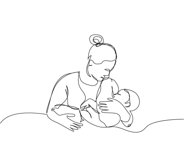 Eine Mutter Hält Ein Kind Auf Dem Arm Kontinuierliche Linienzeichnung — Stockvektor