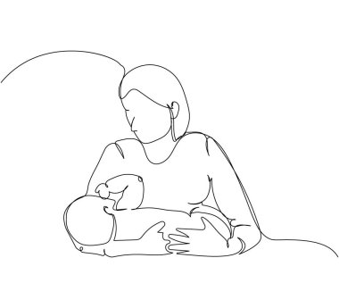 Annem bir çocuğu kollarında bir çizgi sanatı ile tutuyor. Yenidoğan, annelik, aile, sevgi, çocuk, bakım, çocukluk, endişelerin kesintisiz çizimleri. El çizimi vektör illüstrasyonu