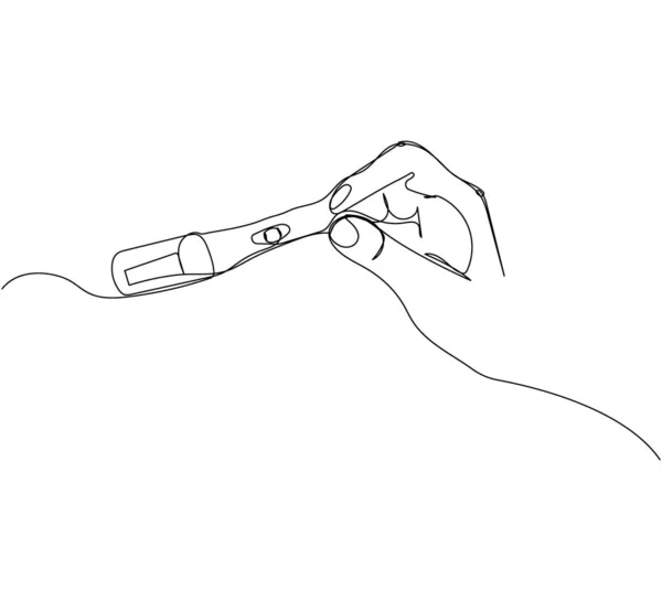 1本の線画で妊娠検査をしている女性 妊娠の継続的な線画 テスト 幸せなニュース 肯定的な結果 手描きベクトルイラスト — ストックベクタ