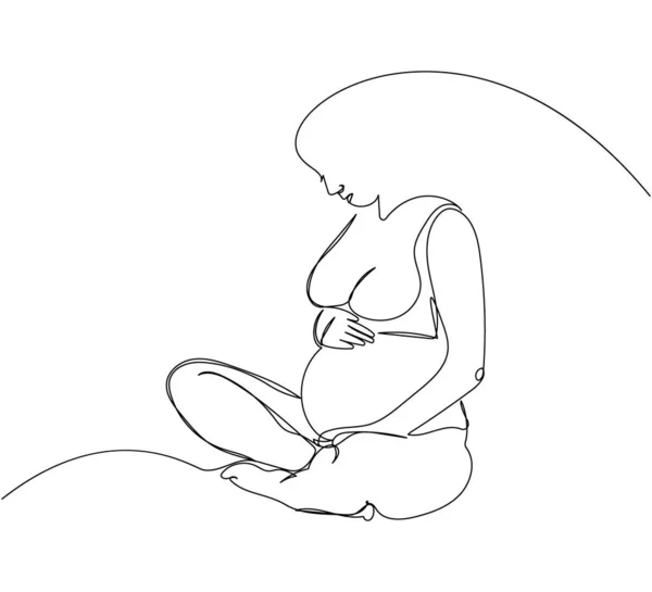 Mujer Embarazada Sentada Posición Loto Acariciando Vientre Una Línea Arte — Vector de stock