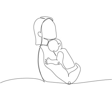 Annem bir çizgi sanatında bebeği kollarında sallıyor. Yenidoğan, annelik, aile, sevgi, çocuk, bakım, çocukluk, keyifli endişeler, çocukların uykusu. El çizimi vektör illüstrasyonu